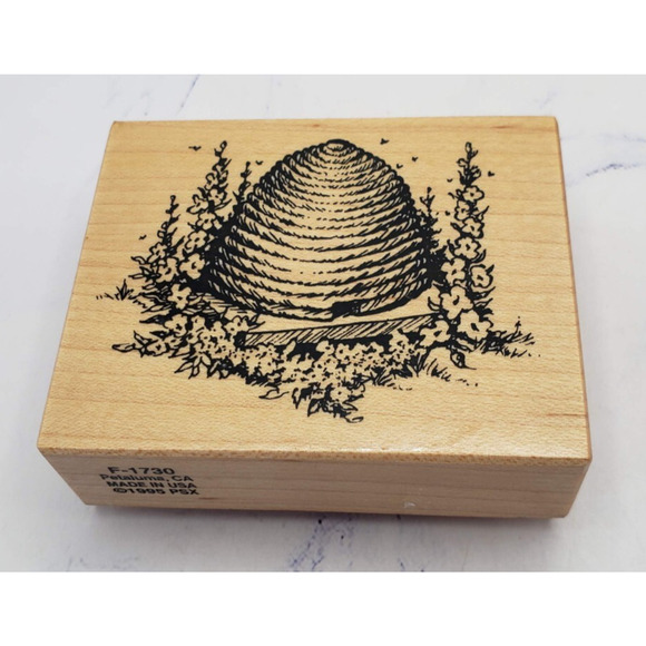 PSX Wood Mounted Rubber Stamp F-1730 Nature Bee Hive w/Flowers - Picture 1 of 7